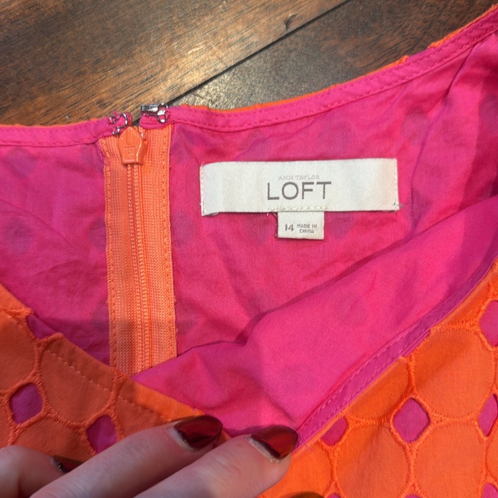 LOFT Orange Eyelet Midi Dress with Pink Underlay - Picture 3 of 4